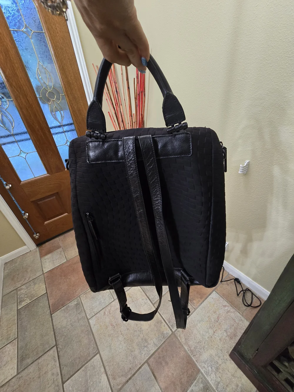 Black Woven Backpack Purse-Style Carry Bag